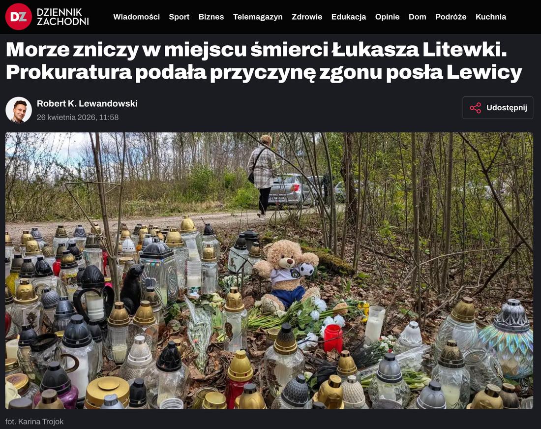 Screen z artykułu Dziennika Zachodniego pt. "Morze zniczy w miejscu śmierci Łukasza Litewki. Prokuratura podała przyczynę zgonu posła Lewicy" autorstwa Roberta K. Lewandowskiego