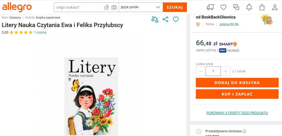 "Litery. Nauka czytania" fot. screen z allegro.pl