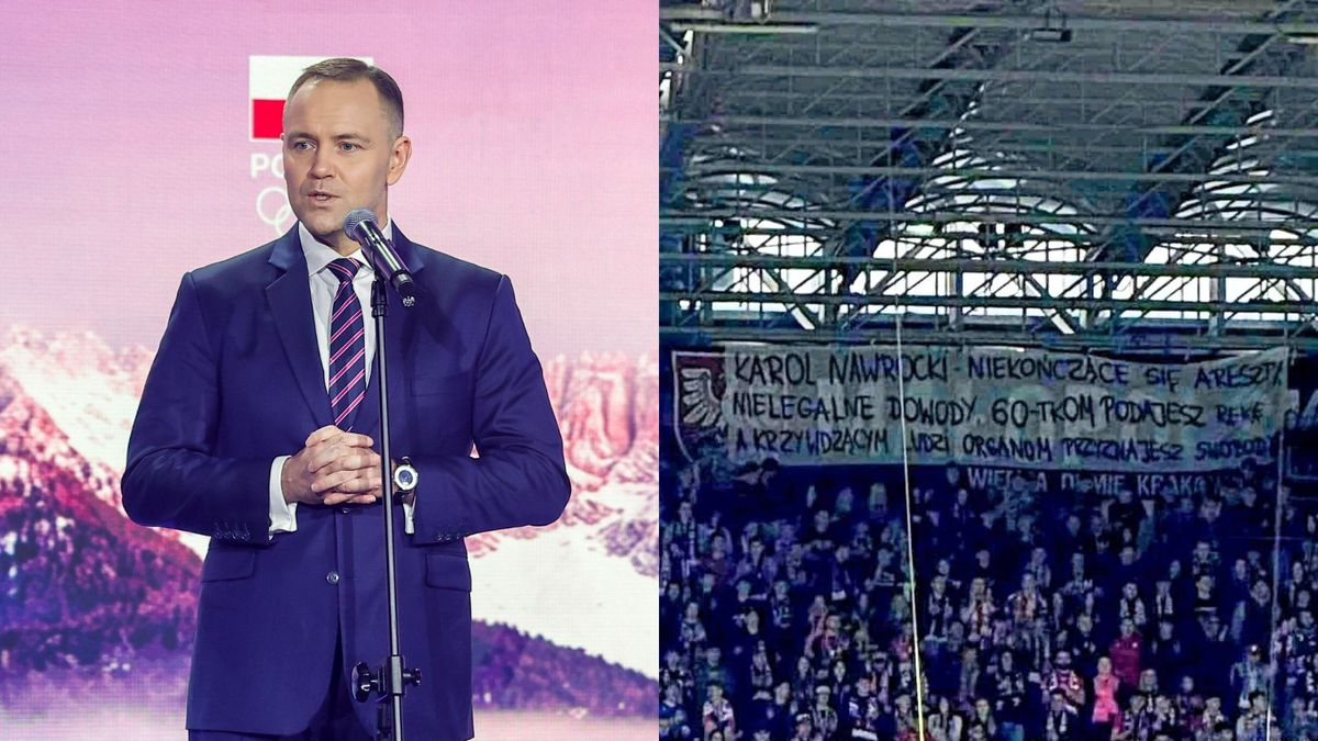 Karol Nawrocki, transparent. Fot. AKPA, X/@PolscyKibicePL.