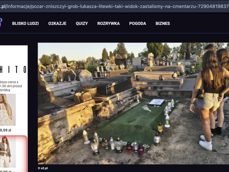 "Screen z materiału o2.pl pt. "Pożar zniszczył grób Łukasza Litewki. Taki widok zastaliśmy na cmentarzu"